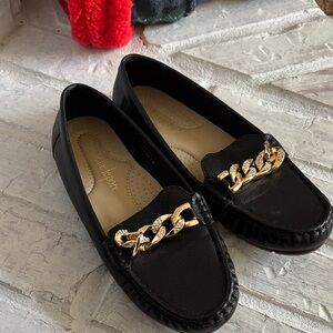 Nanette Lepore Black Flats with Gold Chain Detail